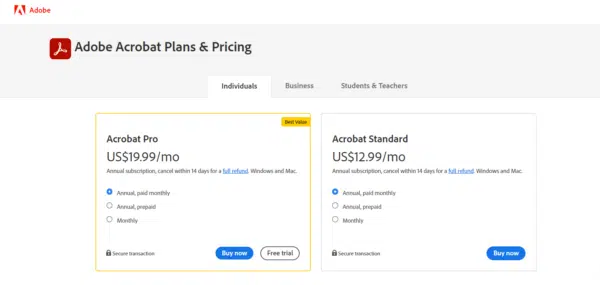 Adobe Acrobat Single App Plan