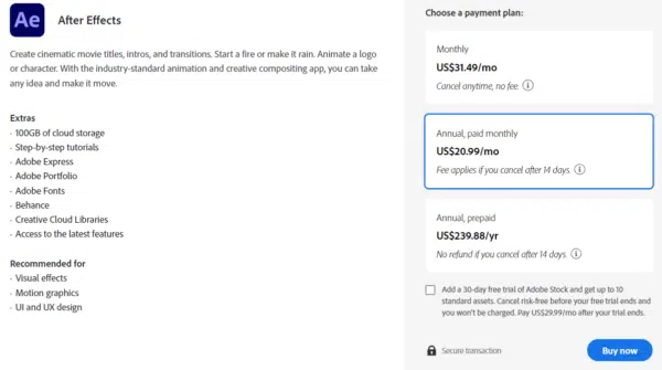 Adobe After Effects Single app pricing