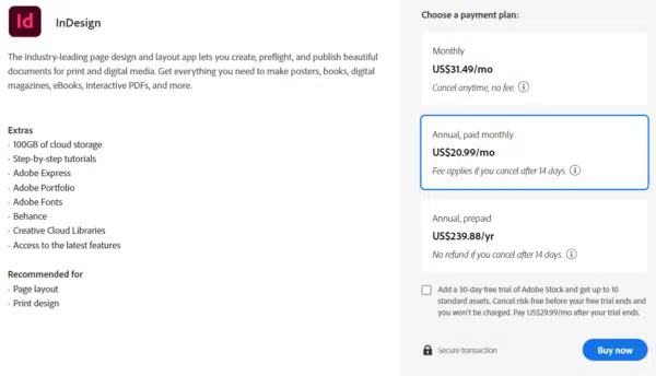 Adobe Indesign Single App Plan