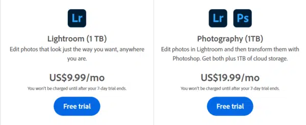 Adobe Lightroom Single App Plan and Adobe Photography Plan