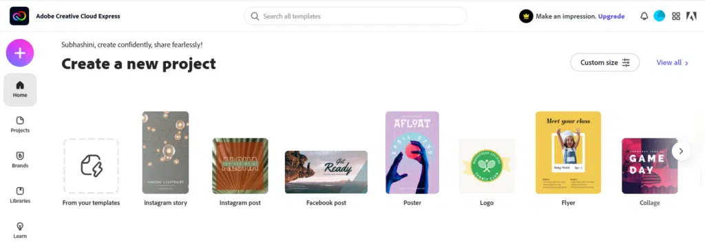 Adobe Creative Cloud Express Interface