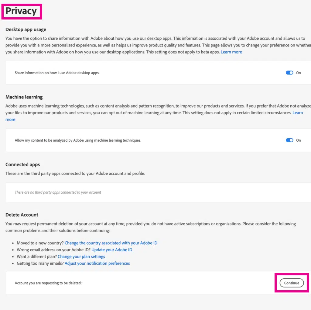 Deleting your Adobe account - Step 2