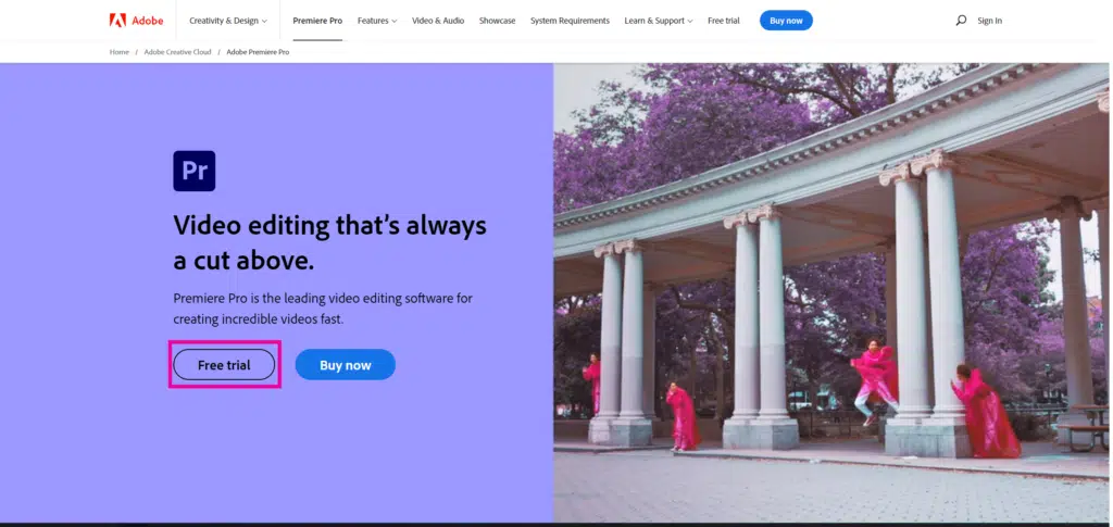 Step 1: Click free trial on the Adobe Website