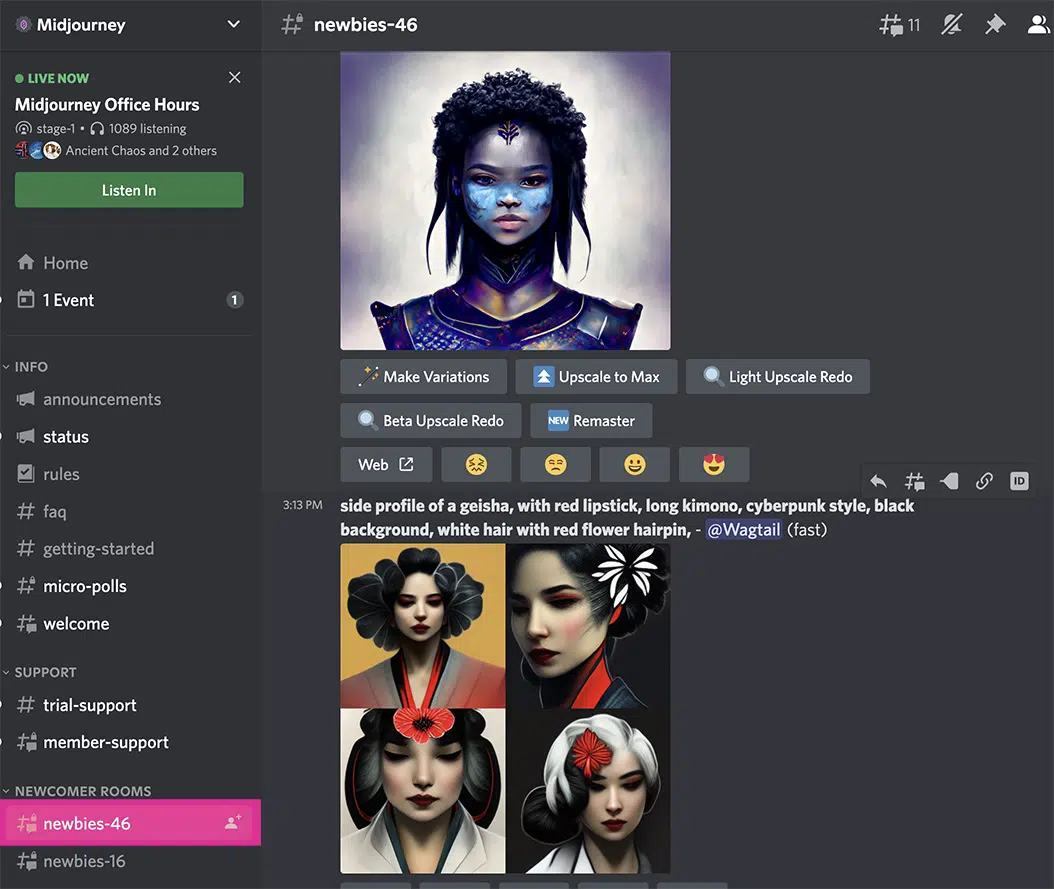 User view of Midjourney’s Newbies 46 Channel