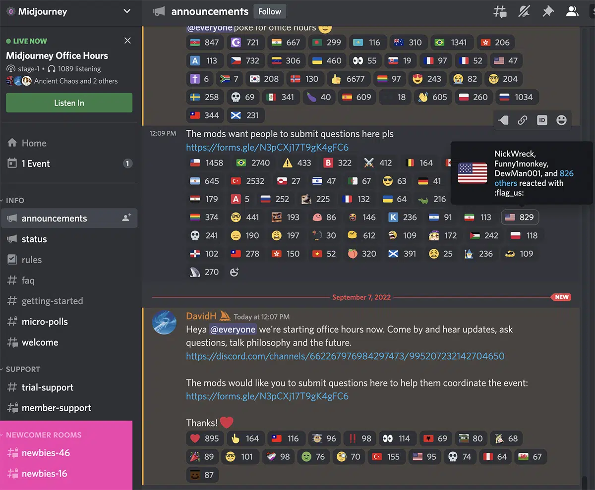 User view of Mid Journey Discord Channel 