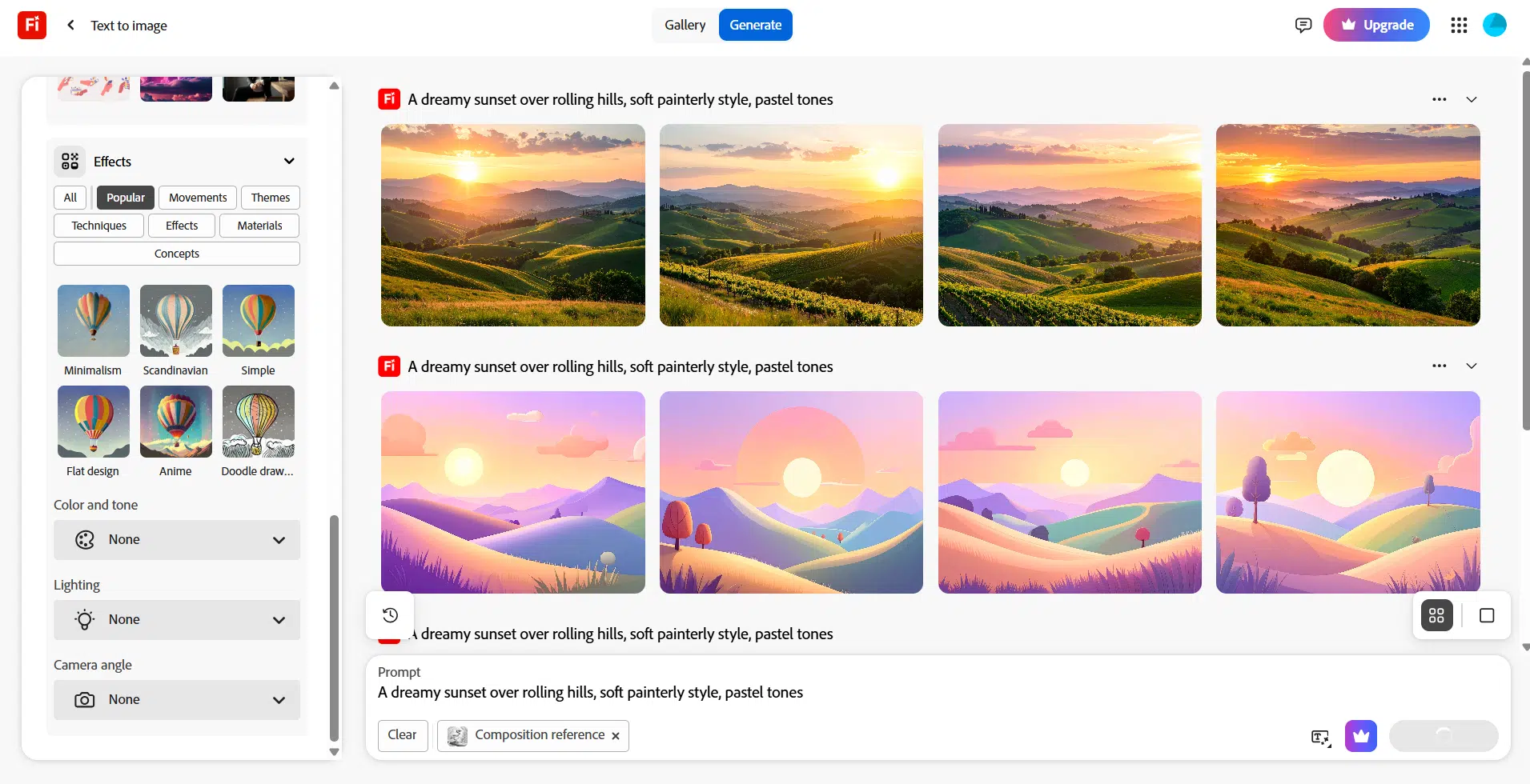 Customization panel for style, content, color, and layout in Adobe Firefly